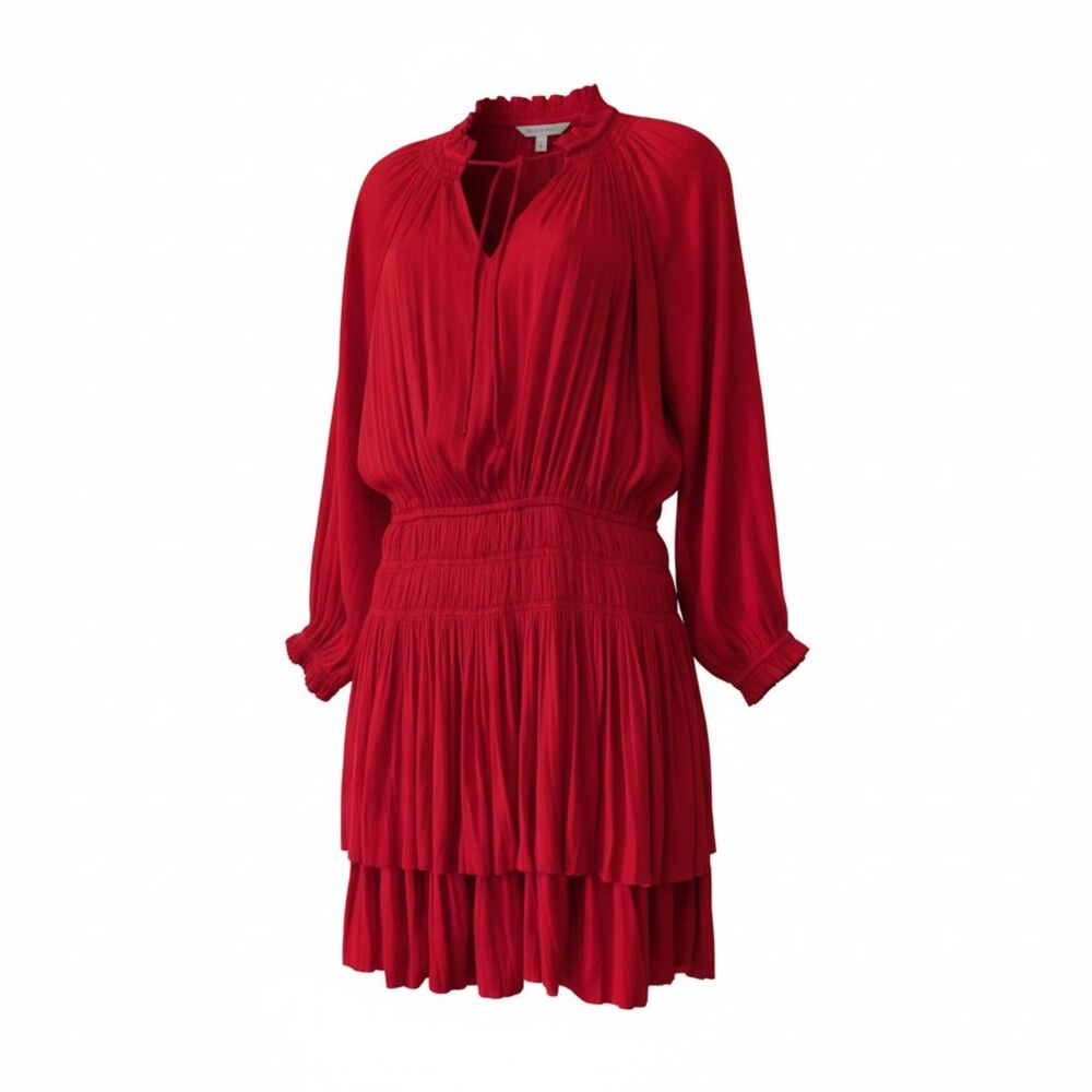 Anthropologie Current Air Red Pleated Mini Dress Smocked Ruffle Boho